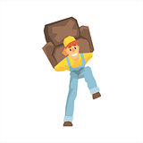 Smiling Strong Worker Carrying An Armchair On His Back, Delivery Company Employee Delivering Shipments Illustration