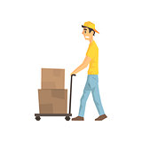 Cautious Worker With Cart An Boxes, Delivery Company Employee Delivering Shipments Illustration