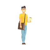 Smiling Man With Clipboard And Papers Bag, Delivery Company Employee Delivering Shipments Illustration