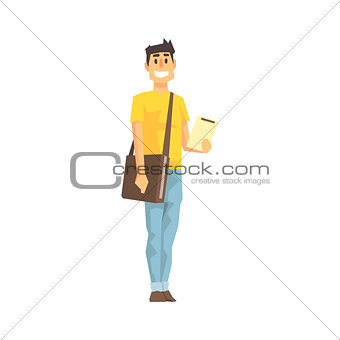 Smiling Man With Clipboard And Papers Bag, Delivery Company Employee Delivering Shipments Illustration