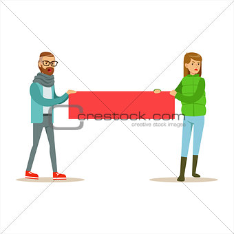 Young Hipster Couple Marching In Protest With Banner, Screaming Angry, Protesting And Demanding Political Freedoms