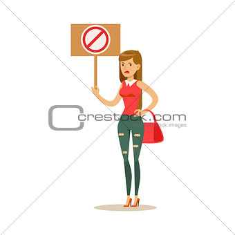 Woman In Ripped Jeans On Heels Marching In Protest With Banner, Screaming Angry, Protesting And Demanding Political Freedoms