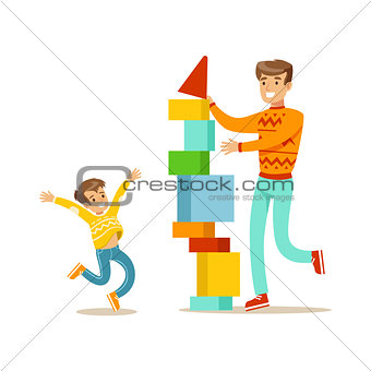 Dad And Son Building A Tower With Blocks, Happy Family Having Good Time Together Illustration