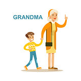 Grandma Walking With Grandson, Happy Family Having Good Time Together Illustration