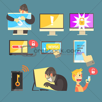 Internet Security And Computer Protection Against Criminal Hackers Stealing Passwords And Money Set Of Info Illustrations