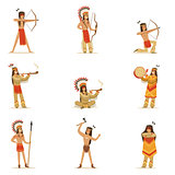 Native American Tribe Members In Traditional Indian Clothing With Weapons And Other Cultural Objects Set Of Cartoon Characters