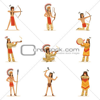 Native American Tribe Members In Traditional Indian Clothing With Weapons And Other Cultural Objects Set Of Cartoon Characters