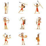 Native American Tribe Members In Traditional Indian Clothing With Weapons And Other Cultural Objects Series Of Cartoon Characters