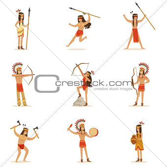 Native American Tribe Members In Traditional Indian Clothing With Weapons And Other Cultural Objects Series Of Cartoon Characters