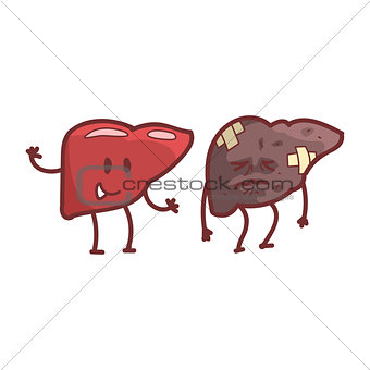 Liver Human Internal Organ Healthy Vs Unhealthy, Medical Anatomic Funny Cartoon Character Pair In Comparison Happy Against Sick And Damaged
