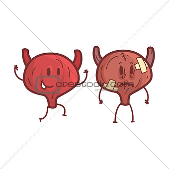 Bladder Human Internal Organ Healthy Vs Unhealthy, Medical Anatomic Funny Cartoon Character Pair In Comparison Happy Against Sick And Damaged