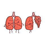 Lungs Human Internal Organ Healthy Vs Unhealthy, Medical Anatomic Funny Cartoon Character Pair In Comparison Happy Against Sick And Damaged