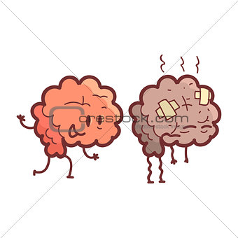 Brain Human Internal Organ Healthy Vs Unhealthy, Medical Anatomic Funny Cartoon Character Pair In Comparison Happy Against Sick And Damaged