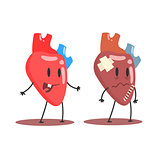 Heart Human Internal Organ Healthy Vs Unhealthy, Medical Anatomic Funny Cartoon Character Pair In Comparison Happy Against Sick And Damaged