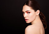 Beauty red eyes and lips makeup fashion model