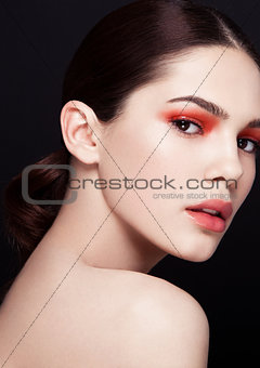 Beauty red eyes and lips makeup fashion model