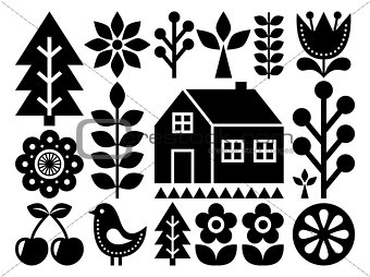 Scandinavian, Nordic folk art pattern - inpspired by Finnish art, black and white