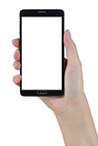 Female Hand Holding Smart Phone with Blank Screen on White