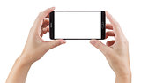Female Hands Holding Smart Phone with Blank Screen on White