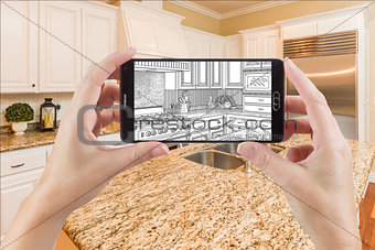 Hands Holding Smart Phone Displaying Drawing of Kitchen Photo Be