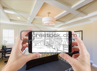 Hands Holding Smart Phone Displaying Drawing of Bedroom Photo Be