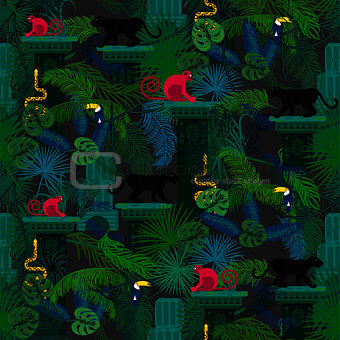 Rainforest wild animals and plants seamless pattern.