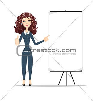Business woman shows on banner