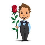 Happy little boy gives a red rose