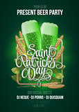 St. Patrick s Day poster. Beer party green background with calligraphy sign and two   glasses in frame  ears of wheat  hop. Vector illustration.