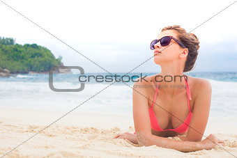 young woman in bikini on tropical beach, Mahe, Seychelles