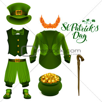 Set of accessories for St. Patricks Day. Green suit, hat, pot of gold, red beard, boots, pants, clover
