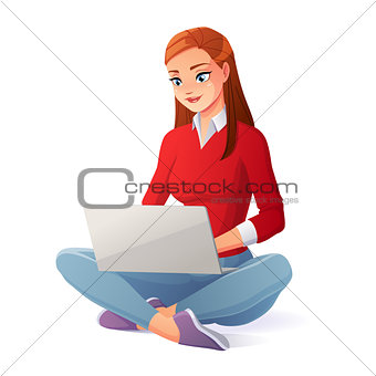Vector beautiful young woman working with laptop sitting on floor.
