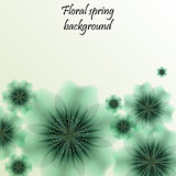Green spring background with translucent flowers.