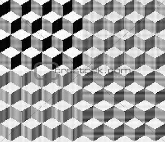 Vector illustration with halftone pattern. Isometric Cubes Engraving Seamless Texture. Black Strokes Background. Vector Illustration.