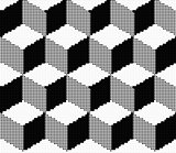 Vector illustration with halftone pattern. Isometric Cubes Engraving Seamless Texture. Black Strokes Background. Vector Illustration.