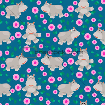 Hippos cartoon vector seamless pattern.