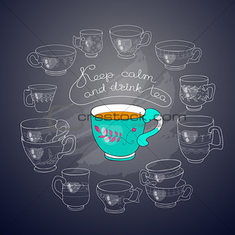 Vector cups, handwritten words Keep Calm and Drink Tea.