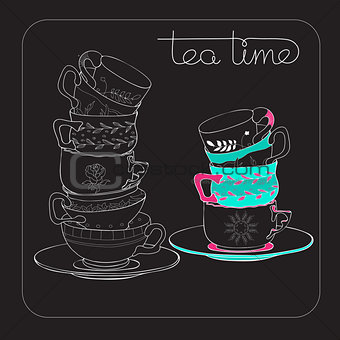 Tea Time card with  hand drawn cup isolated on black.
