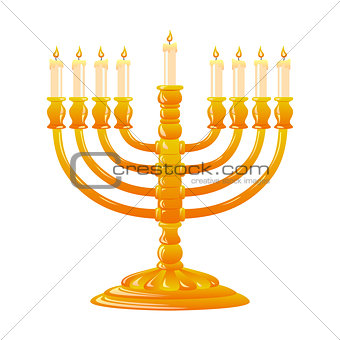 Hanukkah golden menorah with burning candles.