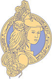 Athena with Owl on Shoulder Circuit Circle Mono Line