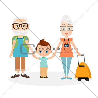 Grandparents with grandson. Grandfather and grandmother with a packsack travel. Travelling with the knapsack. Vector illustration eps 10 isolated on white background. Flat cartoon style.