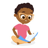 African American boy with glasses. Young boy reading a book sitting on the floor. Vector illustration eps 10. Flat cartoon style.