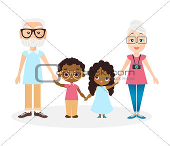 Grandparents with grandson and granddaughter. African american girl and boy. Vector illustration eps 10 isolated on white background. Flat cartoon style.