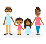 African american Grandparents with grandson and granddaughter. Happy African american family hold hands. Vector illustration eps 10 isolated on white background. Flat cartoon style.