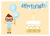Happy birthday postcard. Happy Birthday background for poster, banner, card, invitation, flyer. Young Boy holds balls with congratulations. Vector illustration eps 10. Flat cartoon style.