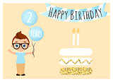 Happy birthday postcard with cake. Happy Birthday background for poster, banner, card, invitation, flyer. Young Boy holds balls with congratulations. Vector illustration eps 10. Flat cartoon style.