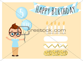 Happy birthday postcard with cake. Happy Birthday background for poster, banner, card, invitation, flyer. Young Boy holds balls with congratulations. Vector illustration eps 10. Flat cartoon style.
