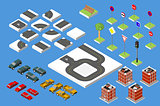 Set Isometric road and Vector Cars, Common road traffic regulatory, Building with a windows and air-conditioning. Vector illustration eps 10 isolated on white background.