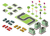 Set Isometric road and Vector Cars, Common road traffic regulatory, Building with a windows and air-conditioning. Vector illustration eps 10 isolated on white background.