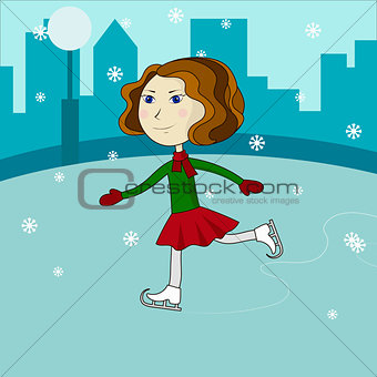 Happy cute girl riding on ice skates